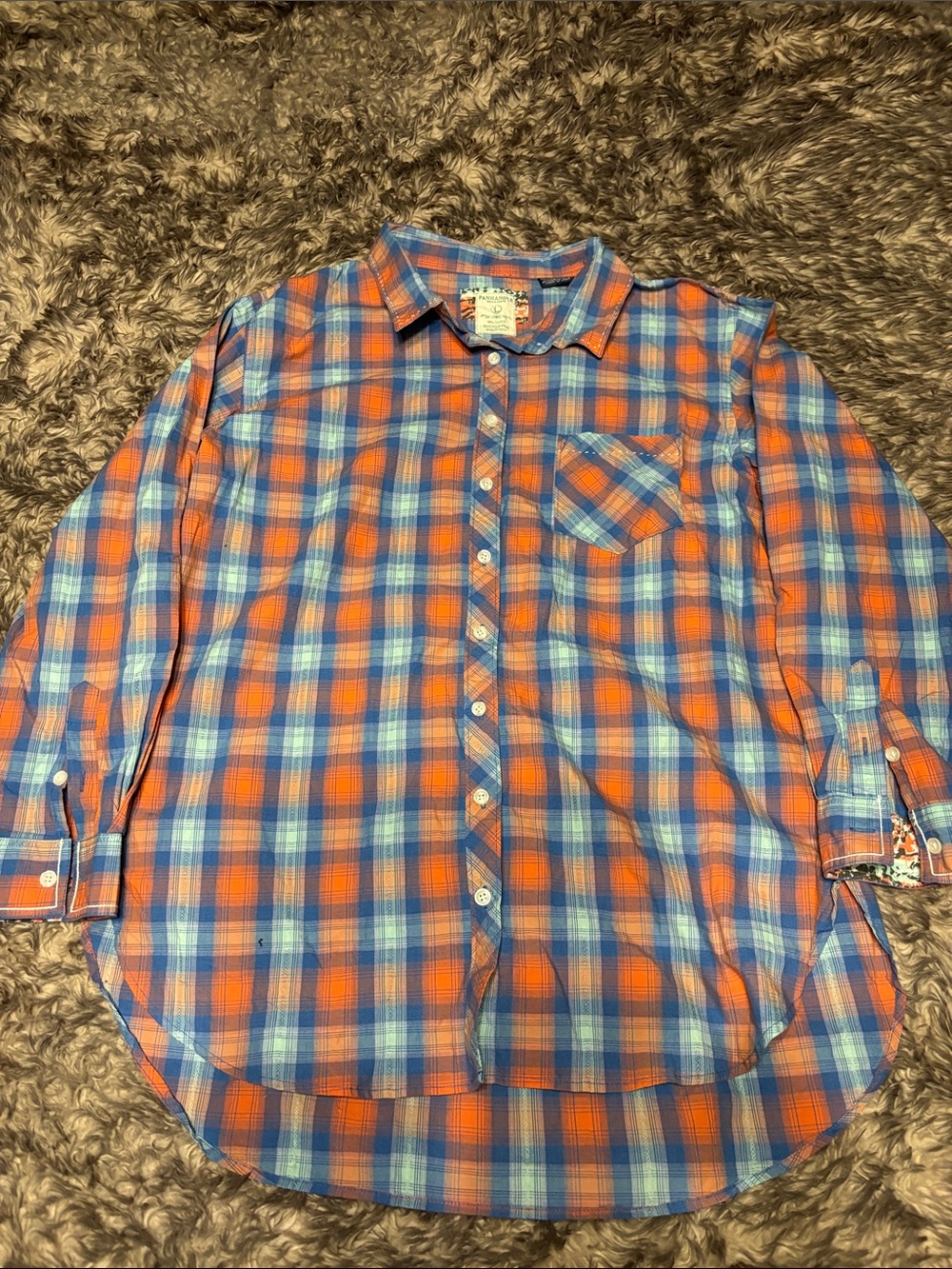 Women’s Plaid Button-Down Shirt in Orange and Blue